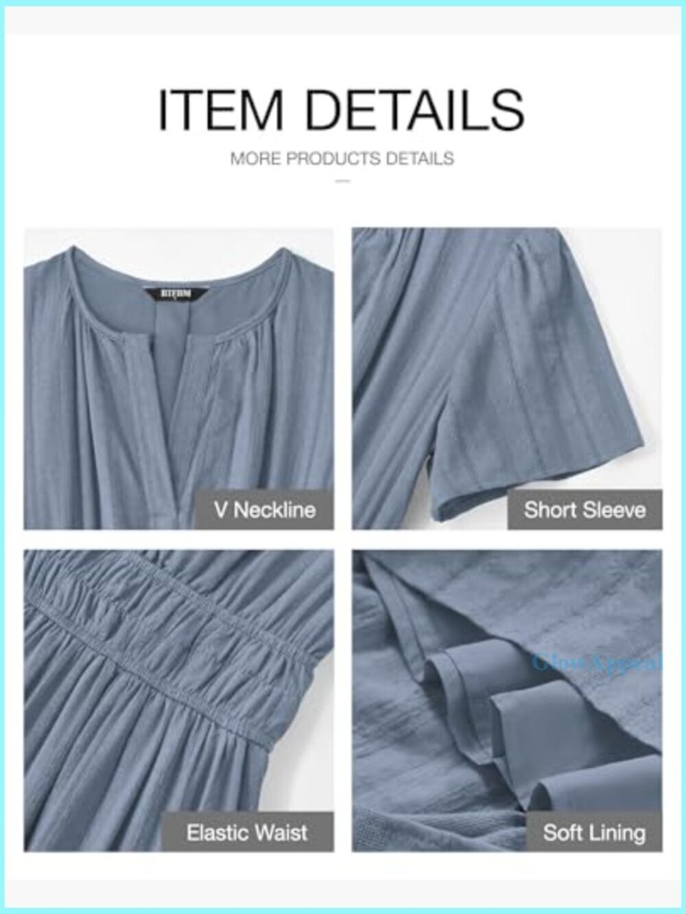 Lightweight Cotton Maxi Dress with Pockets, Elastic Waist, V-Neck, Short Sleeve - Picture 4 of 7